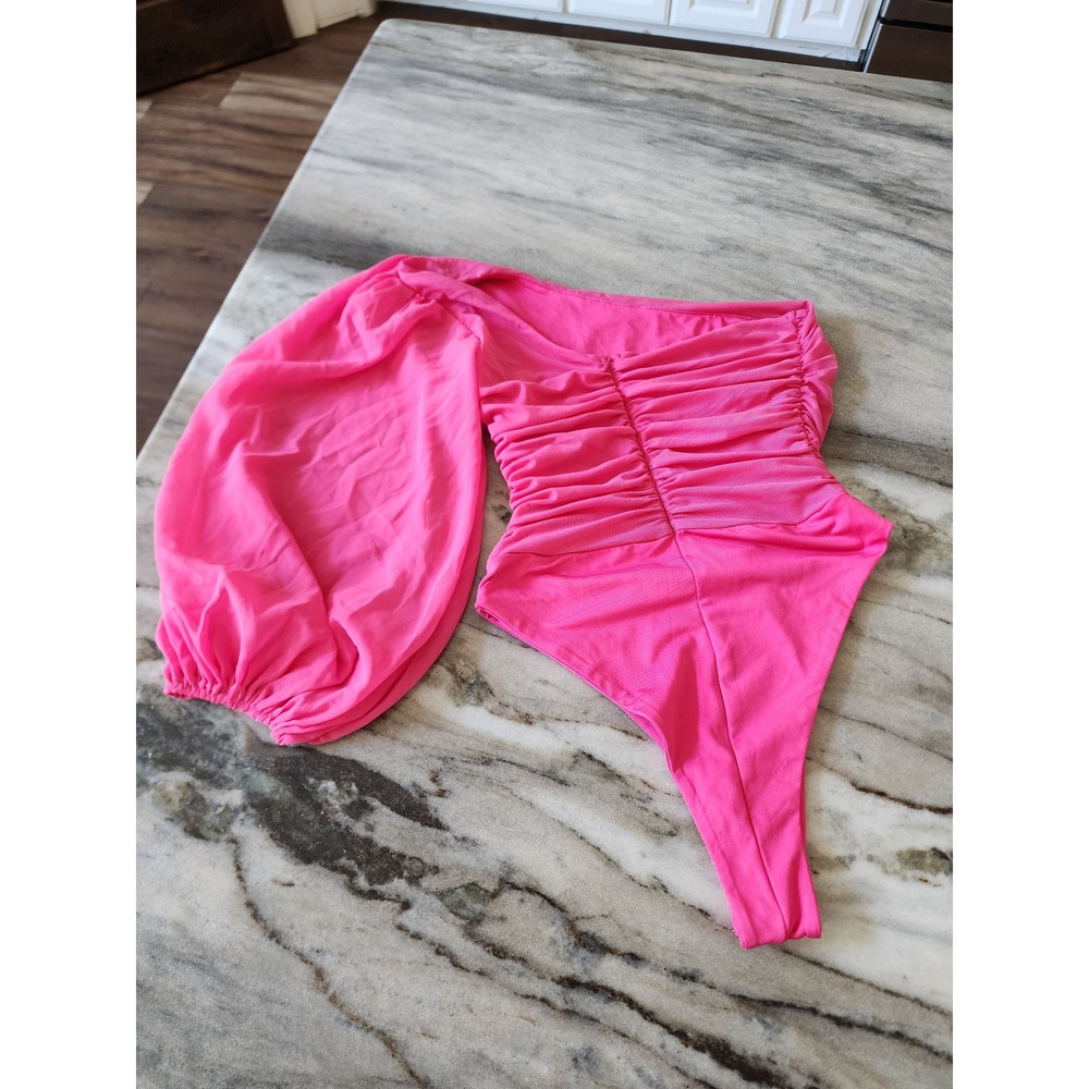 Hello Molly Pink One Shoulder Ruched Mesh Puff Sleeve Bodysuit US 6 M - Picture 4 of 7